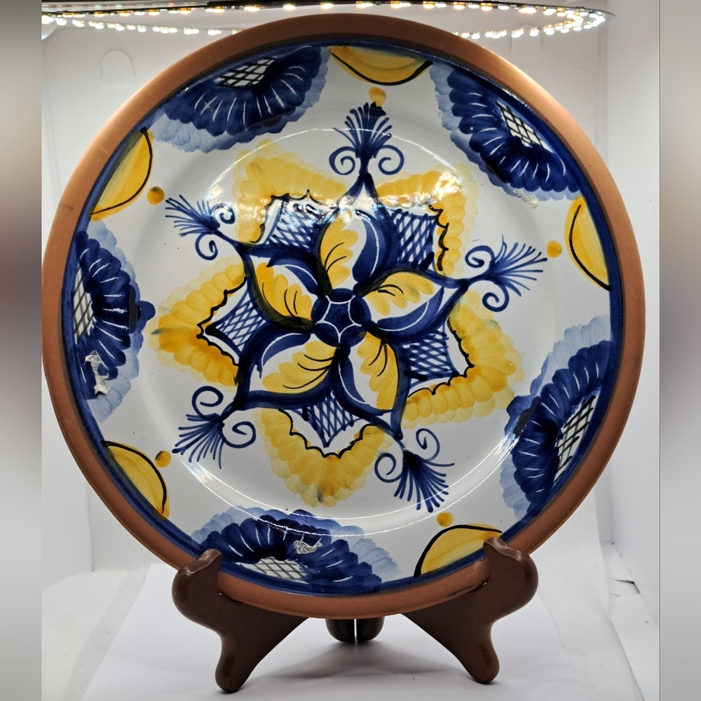 Terracotta Wall Hanging Plate Yellow Blue Flowers.